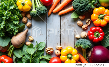 ingredients fresh vegetables and fruits on top view 122223410