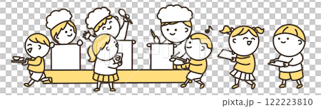 學校午餐時間兒童的簡單插圖，顏色 122223810