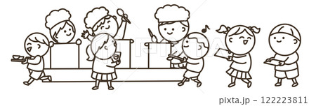 給食の時間の子供達のシンプルイラスト　線画 122223811