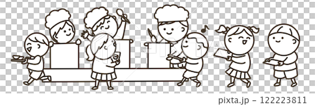 給食の時間の子供達のシンプルイラスト　線画 122223811