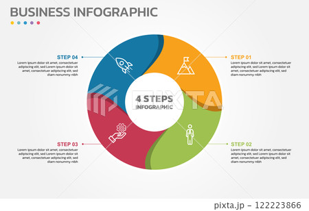 Visual data presentation. Cycle diagram with 4 options. Pie Chart Circle infographic template with 4 steps, options, parts, segments. Business concept. Marketing infographic vector illustration. 122223866