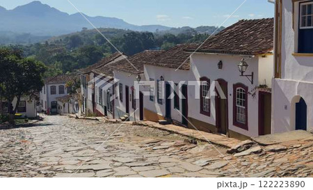 Charming cobblestone street in Tiradentes, Brazil with colorful houses 122223890