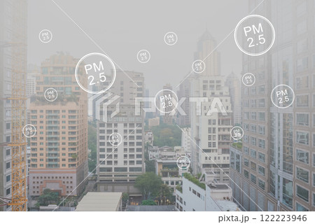 Overlooking the skyline of Bangkok's bustling downtown area. Bangkok skyscrapercity with air pollution PM2.5 Overlooking the skyline of Bangkok's bustling downtown area. Bangkok skyscrapercity with air pollution PM2.5 122223946