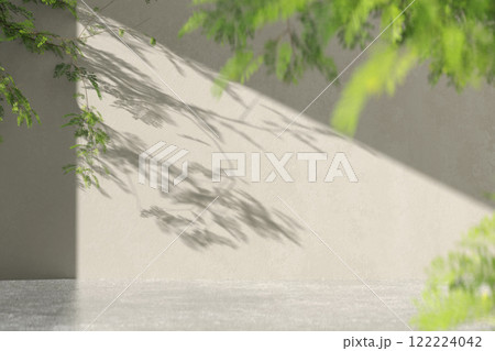 A concrete texture background that is great for use in various designs with a harmonious combination of warm sunlight and green leaves. 3d rendering. A concrete texture background that is great for use in various designs with a harmonious combination of warm sunlight and green leaves. 3d rendering. 122224042