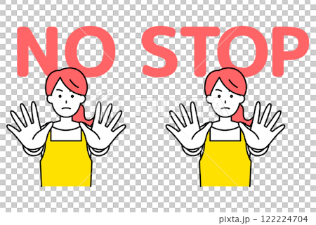 A set of a woman in an apron holding both hands in front of her (NO/STOP) A set of a woman in an apron holding both hands in front of her (NO/STOP) 122224704