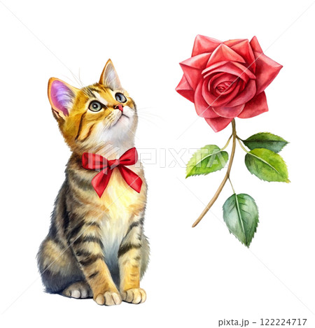 Cat in the world Rose Bow Clipart Watercolor  122224717