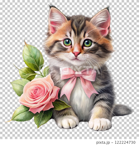 Cat in the world Rose Bow Clipart Watercolor  122224730
