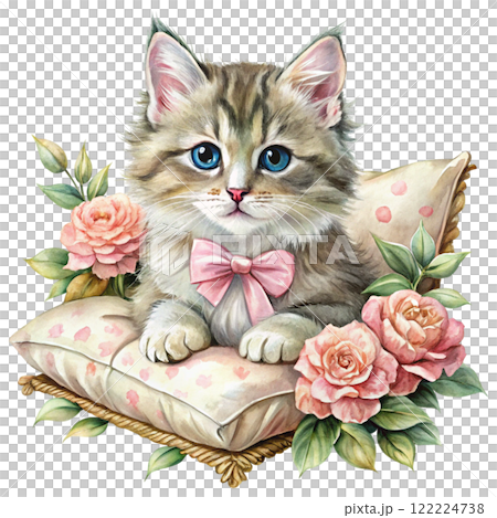Cat in the world Rose Bow Clipart Watercolor  122224738