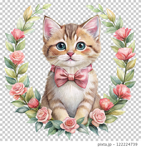 Cat in the world Rose Bow Clipart Watercolor  122224739