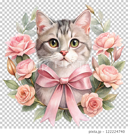 Cat in the world Rose Bow Clipart Watercolor  122224740