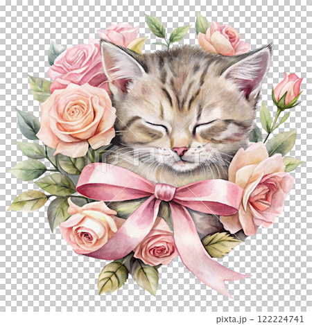 Cat in the world Rose Bow Clipart Watercolor  122224741