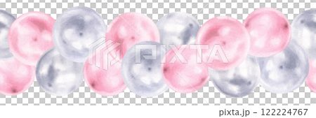 A watercolor seamless border of pastel balloons and ribbons in soft pink and silver tones, perfect for a baby’s first birthday or gender reveal invitation, with a soft, cheerful color palette 122224767