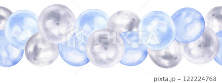 A seamless border of pastel balloons and ribbons in soft blue and silver tones, perfect for baby showers or gender reveal celebrations. The delicate watercolor design adds a charming, playful touch 122224768