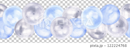 A seamless border of pastel balloons and ribbons in soft blue and silver tones, perfect for baby showers or gender reveal celebrations. The delicate watercolor design adds a charming, playful touch 122224768