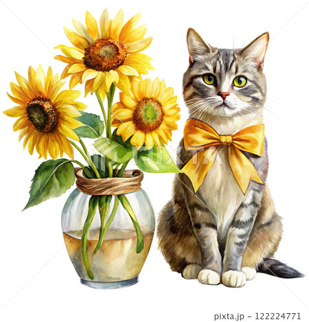 Cat Sunflower Bow Minimal Clipart Watercolor  122224771