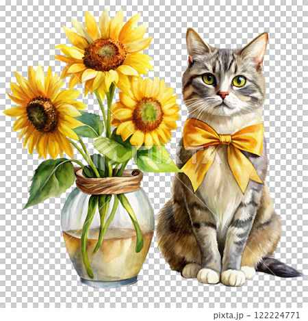 Cat Sunflower Bow Minimal Clipart Watercolor  122224771