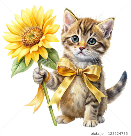 Cat Sunflower Bow Minimal Clipart Watercolor  122224786
