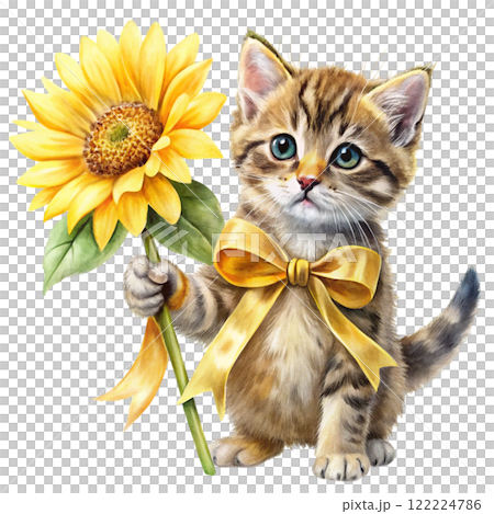 Cat Sunflower Bow Minimal Clipart Watercolor  122224786