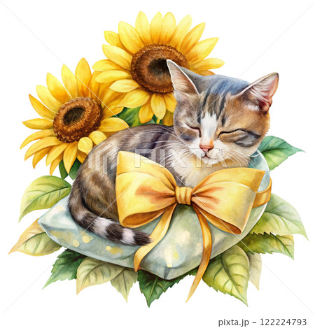 Cat Sunflower Bow Minimal Clipart Watercolor  122224793