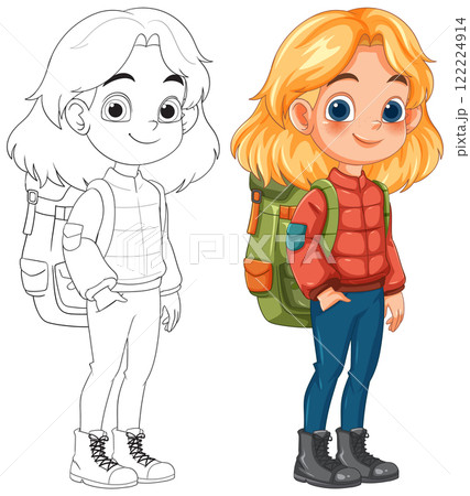 Adventurous Girl with Backpack Illustration Adventurous Girl with Backpack Illustration 122224914