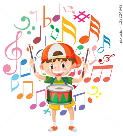 Joyful Drummer with Colorful Music Notes Joyful Drummer with Colorful Music Notes 122224948