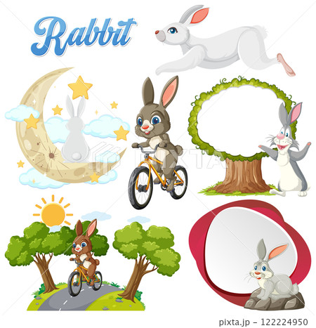 Playful Rabbit Vector Illustration Set 122224950