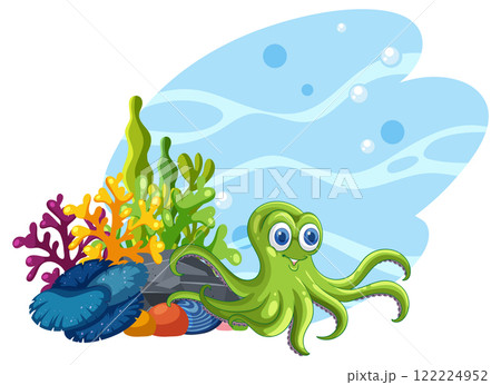 Cheerful Octopus in Vibrant Coral Reef 122224952