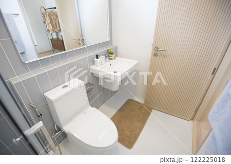 Esthetic toilet with white basin in luxury bathroom Esthetic toilet with white basin in luxury bathroom 122225018
