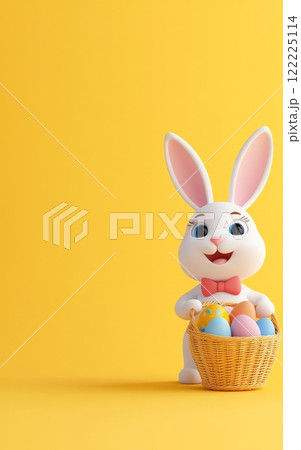 Cartoon rabbit holding a basket of Easter eggs 122225114