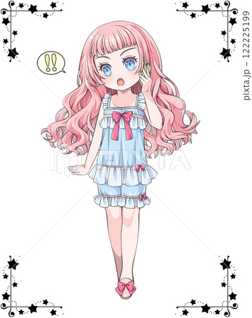 スマホで電話をかけるパジャマを着たピンク髪の少女／星のコーナー用飾り罫つき 122225199