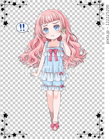 Pink-haired girl in pajamas making a phone call on her smartphone / with star corner decoration 122225200