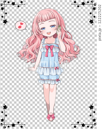 穿著睡衣的粉紅頭髮女孩在智慧型手機上打電話/星角有裝飾邊框 122225202