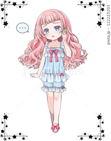 スマホで電話をかけるパジャマを着たピンク髪の少女/星のコーナー用飾り罫つき スマホで電話をかけるパジャマを着たピンク髪の少女/星のコーナー用飾り罫つき 122225203