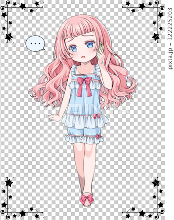 Pink-haired girl in pajamas making a phone call on her smartphone / with star corner decoration 122225203