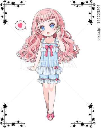 スマホで電話をかけるパジャマを着たピンク髪の少女／星のコーナー用飾り罫つき 122225205