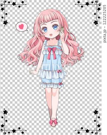 スマホで電話をかけるパジャマを着たピンク髪の少女／星のコーナー用飾り罫つき 122225205