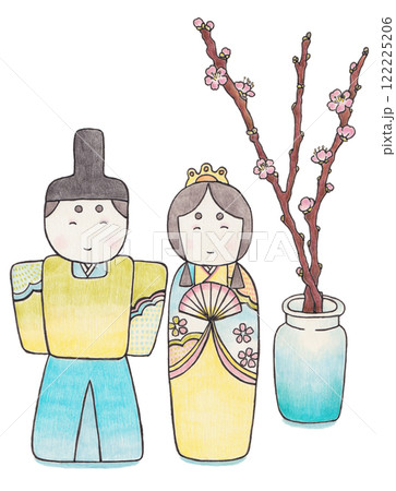 お雛様と桃の花のイラスト 122225206