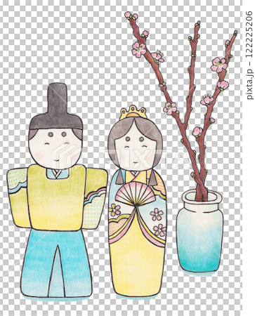 お雛様と桃の花のイラスト 122225206