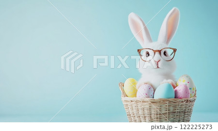 Rabbit wearing glasses sits in a basket full of Easter eggs 122225273