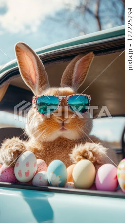 Rabbit wearing sunglasses and holding a bunch of Easter eggs 122225294