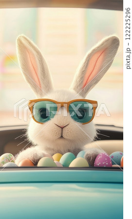 Cartoon rabbit is wearing sunglasses and driving a car 122225296