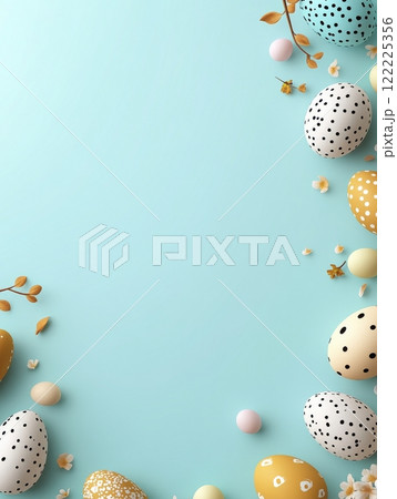 Blue background with a bunch of eggs and flowersのイラスト素材 [122225356] - PIXTA