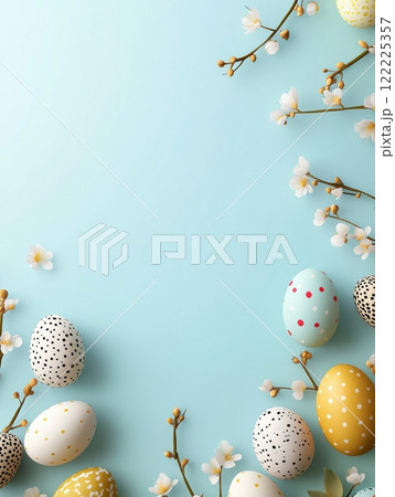 Blue background with a bunch of eggs and flowersのイラスト素材 [122225357] - PIXTA