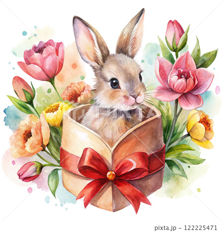 Cute rabbit  Flower Valentine Clipart Watercolor  122225471