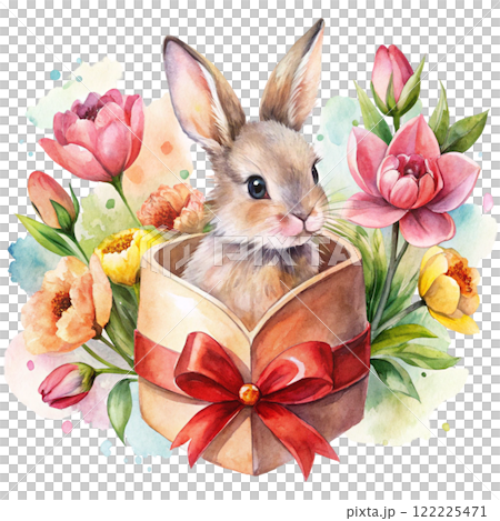 Cute rabbit  Flower Valentine Clipart Watercolor  122225471