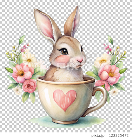 Cute rabbit  Flower Valentine Clipart Watercolor  122225472