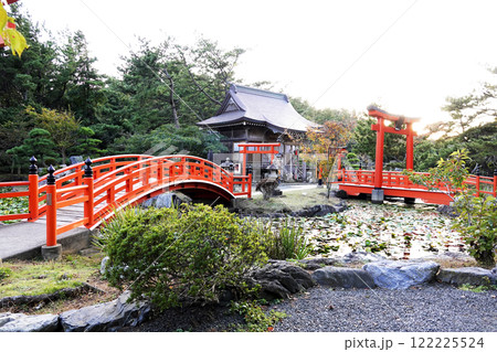 神社の境内 池に架かる太鼓橋と拝殿の社 122225524