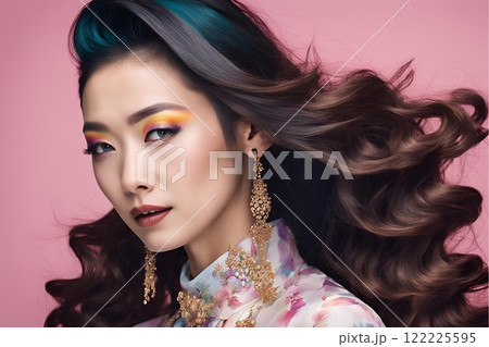 2100年未来トレンドを意識したアジア人ヘアメイクスタイル 美人女性像を生成AIで表現 122225595