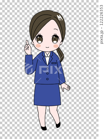 A woman smiling and explaining with a pointing pose - Full-body illustration of a cute woman in a suit 122226353