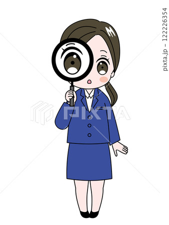 虫眼鏡で何かを調べている女性　かわいいスーツ姿の女性の全身イラスト 122226354